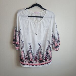 Ana & Rose White Tunic Top With Colorful Embroidered Flowers Ladies Small.